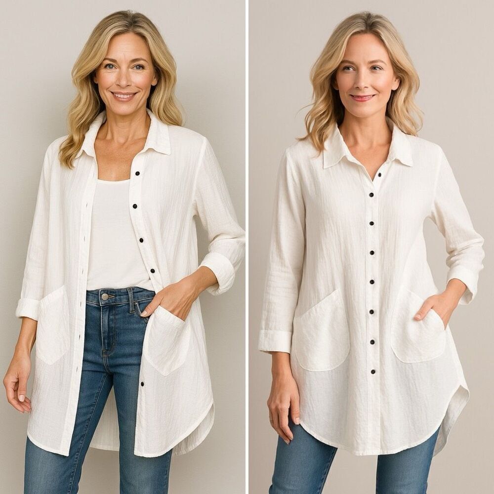 Cynthia Ashby 100% Linen Tunic Shirt Overshirt Button Front S USA Boho Lagenlook
